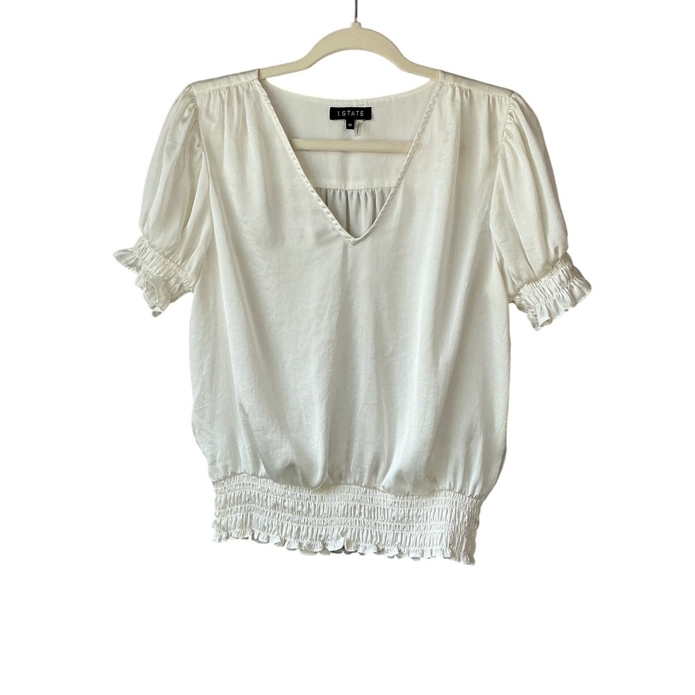 1.STATE Womens Ivory Smocked Waist V-Neck Puff Sleeve Blouse Size M 8150086